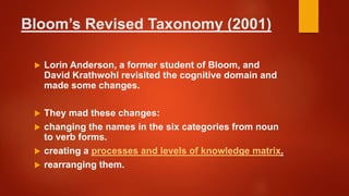 Bloom’s Revised Taxonomy (2001)
 Lorin Anderson, a former student of Bloom, and
David Krathwohl revisited the cognitive domain and
made some changes.
 They mad these changes:
 changing the names in the six categories from noun
to verb forms.
 creating a processes and levels of knowledge matrix.
 rearranging them.
 