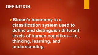 DEFINITION
Bloom’s taxonomy is a
classification system used to
define and distinguish different
levels of human cognition—i.e.,
thinking, learning, and
understanding.
 