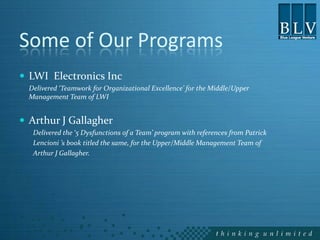 Some of Our Programs
 LWI Electronics Inc
  Delivered ‘Teamwork for Organizational Excellence’ for the Middle/Upper
  Management Team of LWI


 Arthur J Gallagher
   Delivered the ‘5 Dysfunctions of a Team’ program with references from Patrick
   Lencioni ’s book titled the same, for the Upper/Middle Management Team of
   Arthur J Gallagher.
 