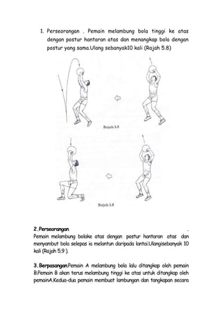 1. Perseorangan . Pemain melambung bola tinggi ke atas
     dengan postur hantaran atas dan menangkap bola dengan
     postur yang sama.Ulang sebanyak10 kali (Rajah 5.8)




2.Perseorangan                                                      .
Pemain melambung bolake atas dengan postur hantaran atas dan
menyambut bola selepas ia melantun daripada lantai.Ulangisebanyak 10
kali (Rajah 5.9 ).

3.Berpasangan.Pemain A melambung bola lalu ditangkap oleh pemain
B.Pemain B akan terus melambung tinggi ke atas untuk ditangkap oleh
pemainA.Kedua-dua pemain membuat lambungan dan tangkapan secara
 