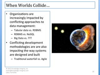 When	
  Worlds	
  Collide…	
  
•  OrganizaKons	
  are	
  
increasingly	
  impacted	
  by	
  
conﬂicKng	
  approaches	
  to	
  
data	
  management:	
  
–  Tabular	
  data	
  vs.	
  RDBMS	
  
–  RDBMS	
  vs.	
  NoSQL	
  
–  Big	
  Data	
  vs.	
  ???	
  
•  ConﬂicKng	
  development	
  
methodologies	
  are	
  are	
  also	
  
impacKng	
  the	
  way	
  systems	
  
are	
  designed	
  and	
  built	
  
–  TradiKonal	
  waterfall	
  vs.	
  Agile	
  
©	
  2015	
  Knowledge	
  Integrity,	
  Inc	
  
loshin@knowledge-­‐integrity.com	
  
(301)	
  754-­‐6350	
  
29	
  
 