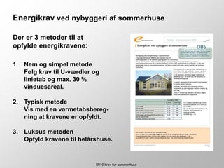 BR10 krav for sommerhuse
Energikrav ved nybyggeri af sommerhuse
1. Nem og simpel metode
Følg krav til U-værdier og
linietab og max. 30 %
vinduesareal.
2. Typisk metode
Vis med en varmetabsbereg-
ning at kravene er opfyldt.
3. Luksus metoden
Opfyld kravene til helårshuse.
Der er 3 metoder til at
opfylde energikravene:
 