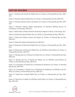 LIST OF FIGURES
Figure 1: Petroleum and Natural Gas Market Size, by Volume, in Thousand Boe per Day, 2005-
2011
Figure 2: Petroleum Industry Market Size, by Volume, in Thousand Boe per Day, 2005-2011

Figure 3: Petroleum Industry Exports and Imports, by Volume, in Thousand Boe per Day, 2005-
2011

Figure 4: Petroleum Industry Market Segmentation, by Petroleum Refining Process, by
Contribution, in Percentage, 2005-2011
Figure 5: Market Share of Major Petroleum Producing Companies in Brazil, in Percentage, 2011
Figure 6: Natural Gas Industry Market Size, by Volume, in Thousand Boe per Day, 2005-2011

Figure 7: Natural Gas Industry Exports and Imports, by Volume, in Thousand Boe per Day,
2005-2011
Figure 8: Natural Gas Industry Refining Process, 2005-2011

Figure 9: Reinjection of Natural Gas Market Size, by Volume, in Thousand Boe per Day, 2005-
2011
Figure 10; Reinjection of Natural Gas Market Size, by Off-Shore and On-Shore, by Volume, in
Thousand Boe per Day, 2005-2011
Figure 11: Burning and Loss of Natural Gas Market Size, by Volume, in Thousand Boe per Day,
2005-2011

Figure 12: Burning and Loss of Natural Gas Market size, by Off-Shore and On-Shore, by
Volume, in Thousand Boe per Day, 2005-2011
Figure 13: Consumption of Natural Gas in Exploration & Production, by Volume, in Thousand
Boe per Day, 2005-2011

Figure 14: Consumption of Natural Gas in Exploration & Production, by Off-Shore and On-
Shore, by Volume, in Thousand Boe per Day, 2005-2011

Figure 15: Natural Gas Available Market Size, by Volume, in Thousand Boe per Day, 2005-
2011

Figure 16: Natural Gas Available, by Off-Shore and On-Shore, by Volume, in Thousand Boe per
Day, 2005-2011



                                                                                                                  5

                                © This is a licensed product of AM Mindpower Solutions and should not be copied
 
