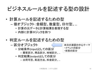 ビジネスルールを記述する型の設計
• 計算ルールを記述するための型
– 値オブジェクト：金額型、数量型、日付型、…
• 計算の元データと計算結果を表現する型
• 内部に計算ロジックを持つ
• 判定ルールを記述するための型
– 区分オブジェクト
• 分岐条件(input)としての区分
– 顧客区分、商品区分、地域区分、…
• 判定結果(output)としての区分
– 出荷可否、配送方法、料金区分、…
©有限会社 システム設計 36
本日の演習の中心テーマ
・イベントの区分
・状態の区分
 