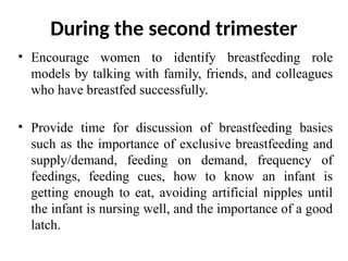 During the second trimester
• Encourage women to identify breastfeeding role
models by talking with family, friends, and colleagues
who have breastfed successfully.
• Provide time for discussion of breastfeeding basics
such as the importance of exclusive breastfeeding and
supply/demand, feeding on demand, frequency of
feedings, feeding cues, how to know an infant is
getting enough to eat, avoiding artificial nipples until
the infant is nursing well, and the importance of a good
latch.
 