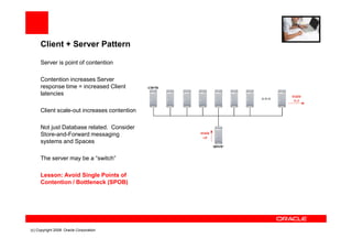 Client + Server Pattern

     Server is point of contention

     Contention increases Server
     response time = increased Client
     latencies

     Client scale-out increases contention

     Not just Database related. Consider
     Store-and-Forward messaging
     systems and Spaces

     The server may be a “switch”

     Lesson: Avoid Single Points of
     Contention / Bottleneck (SPOB)




(c) Copyright 2008. Oracle Corporation