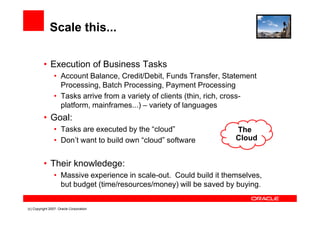 Scale this...

          • Execution of Business Tasks
                • Account Balance, Credit/Debit, Funds Transfer, Statement
                  Processing, Batch Processing, Payment Processing
                • Tasks arrive from a variety of clients (thin, rich, cross-
                  platform, mainframes...) – variety of languages
          • Goal:
                • Tasks are executed by the “cloud”                  The
                • Don’t want to build own “cloud” software           Cloud


          • Their knowledege:
                • Massive experience in scale-out. Could build it themselves,
                  but budget (time/resources/money) will be saved by buying.


(c) Copyright 2007. Oracle Corporation