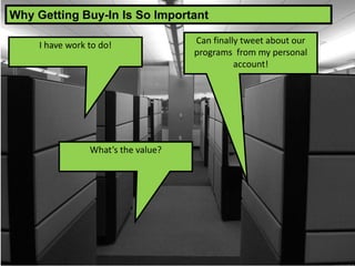 I have work to do! Can finally tweet about our
programs from my personal
account!
Why Getting Buy-In Is So Important
What’s the value?
 