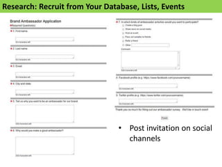 Research: Recruit from Your Database, Lists, Events
• Post invitation on social
channels
 