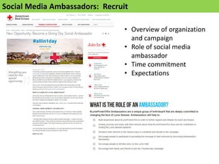 Social Media Ambassadors: Recruit
• Overview of organization
and campaign
• Role of social media
ambassador
• Time commitment
• Expectations
 