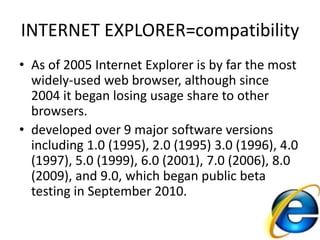 INTERNET EXPLORER=compatibilityAs of 2005 Internet Explorer is by far the most widely-used web browser, although since 2004 it began losing usage share to other browsers.developed over 9 major software versions including 1.0 (1995), 2.0 (1995) 3.0 (1996), 4.0 (1997), 5.0 (1999), 6.0 (2001), 7.0 (2006), 8.0 (2009), and 9.0, which began public beta testing in September 2010. 