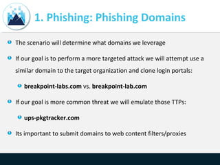 1. Phishing: Phishing Domains
The scenario will determine what domains we leverage
If our goal is to perform a more targeted attack we will attempt use a
similar domain to the target organization and clone login portals:
breakpoint-labs.com vs. breakpoint-lab.com
If our goal is more common threat we will emulate those TTPs:
ups-pkgtracker.com
Its important to submit domains to web content filters/proxies
 