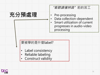 75
where
when
how
BIIC：無聲隔離室
本來：無
只好：盡量要安靜的獨立診間
Ensure current system is not altered too much at the BEGINNING
at-scale, ease-of-application is crucial
在ecological validity & quality control 之中有拿捏
BIIC：每個病人前測、後測、追蹤
本來：沒有影音
只好：在能力可以範圍內全部錄
BIIC：全正面錄影
本來：沒有影音
只好：單一相機近距離錄
 