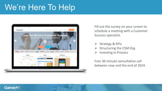 We’re Here To Help
Fill out the survey on your screen to
schedule a meeting with a Customer
Success specialist.
 Strategy & KPIs
 Structuring the CSM Org
 Investing in Process
Free 30-minute consultation call
between now and the end of 2014.
 