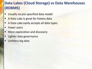 Data Lakes (Cloud Storage) vs Data Warehouses
(RDBMS)
 Usually no pre-specified data model
 A Data Lake is great for history data
 A Data Lake easily accepts all data types
 Fewer users
 More exploration and discovery
 Lighter data governance
 Limitless big data
 