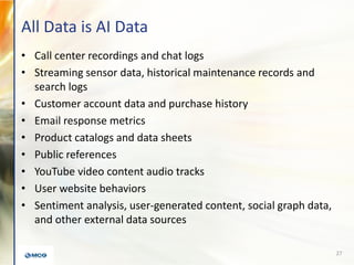 All Data is AI Data
• Call center recordings and chat logs
• Streaming sensor data, historical maintenance records and
search logs
• Customer account data and purchase history
• Email response metrics
• Product catalogs and data sheets
• Public references
• YouTube video content audio tracks
• User website behaviors
• Sentiment analysis, user-generated content, social graph data,
and other external data sources
27
 