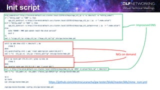 Init script
NICs on demand
Improvised DNS
https://github.com/electrocucaracha/gw-tester/blob/master/k8s/mme_nsm.yml
 