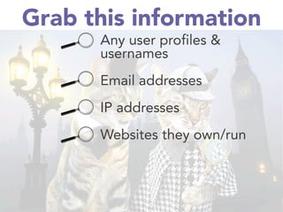 Grab this information
Any user profiles &
usernames

Email addresses

IP addresses

Websites they own/run




 