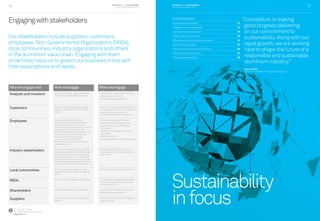 Constellium
Business and sustainability
performance report 2014
31Business and sustainability
performance report 201430
Engagingwithstakeholders
Our stakeholders include suppliers, customers,
employees, Non-Governmental Organizations (NGOs),
local communities, industry organizations and others
in the aluminium value chain. Engaging with them
proactively helps us to govern our business in line with
their expectations and needs.
Who we engage with How we engage When we engage
Analysts and investors Annual analyst day, regular exchanges
through our Investor Relations team
• Quarterly earnings conference calls
• Analyst day once a year
• Exchanges on a regular basis
Customers Visits, industry associations, regular
customer satisfaction surveys, trade
shows
• Bi or tri-annual customer satisfaction
surveys organized within business units
• Meetings with customers for
commercial and technical aspects
Employees Employee feedback collection,
works councils, Management Days,
management calls, Environment,
Health and Safety (EHS) days, customer
presentations and business unit
President roadshows, Chief Executive
Officer plant visits, Chief Executive
Officer memos as appropriate,
Lean workshops, THANK YOU
AWARDS, interaction with employee
representatives
• Exchanges throughout the year
• Biennial Global Employee Survey
• Annual business unit President
roadshows
• Quarterly LIVE magazine (internal
newsfeed)
• Weekly newswires
• Annual employee recognition program
Industry stakeholders Aluminium Stewardship Initiative (ASI),
industry associations including European
Aluminium, The Aluminum Association,
International Aluminium Institute (IAI),
Groupement des Industries Françaises
Aéronautiques et Spatiales (GIFAS) and
others. See ‘Memberships’ on page 77
• General meetings and many other
meetings for various working groups,
taskforces
Local communities This is managed at local levels. See
‘Supporting communities’ on pages 56
and 57
• One community program in each site
NGOs ASI, community engagement activities • 3–4 general meetings/year but many
other meetings for various working
groups, taskforces
Shareholders Annual General Meeting, roadshows • Annual General Meeting once a year
• Roadshows as appropriate
Suppliers Code of Conduct, visits, sustainability
targets
• Visits are organized for new suppliers
• Regular audits
For more information
see ‘Stakeholder perspectives’
pages 39–41
Business and sustainability
performance report 2014 31
Sustainability
infocus
In this section:
Sustainability highlights 32
Altogether more sustainable 34
Our materiality assessment 36
Stakeholder perspectives 39
Making our products more sustainable 42
Supporting our people 50
Making our operations more efficient 58
Doing business responsibly 64
Managing sustainability 68
“Constellium is making
good progress delivering
on our commitment to
sustainability. Along with our
rapid growth, we are working
hard to shape the future of a
responsible and sustainable
aluminium industry.”
Laurent Musy
Chairman, Constellium Sustainability Council
 