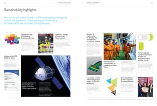 Business and sustainability
performance report 201432 Business and sustainability
performance report 2014 33
Sustainabilityhighlights
We continued to work hard in 2014 to embed sustainability
across the business. These are some of the many
achievements we recorded during the year.
Improved energy
efficiency at
Ravenswood
Our unit at Ravenswood (USA)
reduced electricity consumption
by nearly 20,000 MWh, notably
thanks to investing in a new
motor drive for a rolling mill and
replacing 80% of the plant lighting
with LED lighting.
Reinforced our
commitment to
Leadership Safety
Tours
We extended our program of
Leadership Safety Tours.
These tours are a company‑wide
initiative through which all our
leaders–fromseniormanagement
to shift supervisors – interact
with their teams on a weekly basis
and encourage all our people to
identify simple, sustainable
solutions on the shop floor.
Implemented ISO
50001 at Decin
Our Decin plant in the Czech
Republic implemented the
ISO 50001 standard on energy
management. The standard
specifies requirements for
establishing, implementing,
maintaining and improving an
energy management system.
Carried out the
2014 Global
Employee Survey
Our second Global Employee
Survey revealed a high overall
participation rate of 75%,
an 11% increase from 2012.
We made headway in most
categories, including employee
engagement, customer focus,
training and development, and
providing clarity around our
strategic direction.
Performed Life
Cycle Assessment
studies on
aluminium cans
and car hoods
We performed third-party verified
Life Cycle Assessment studies
on two key products – a beverage
can model and a car hood model,
following the introduction of a
sustainability check for every
new product or process within our
innovation process in 2013.
Launched our first
materiality matrix
based on GRI G4
guidelines
We launched our first materiality
assessment exercise in line
with international standards
(Global Reporting Initiative’s
G4). This has allowed us to
identify the issues that are most
important to internal and external
stakeholders.
Won recognition
at the European
Business Awards
Constellium was named
Environmental and Corporate
Responsibility Champion in
France by the European Business
Awards, which recognizes and
rewards excellence, best practice
and innovation in companies
across the European Union.
Worked in
partnership
to develop the
world’s first
‘2l/100km’ vehicle
In partnership with car
manufacturers Renault and
PSA Peugeot Citroën, and parts
and tools supplier SNOP, we
are participating in the Allegria
project which was filed and
validated by ADEME1
. This project
aims to develop materials and
technologies that will enable the
development of a 2 litre/100km
vehicle by 2020.
1.ADEME:Agencedel’EnvironnementetdelaMaîtrisedel’Energie.ADEMEistheFrenchstateoperatorthatsupportsenvironmentaland energytransition.
Contributed to the
successful test
flight of NASA’s
Orion crew module
Constellium proudly took
part in the new era of space
exploration on the journey to
Mars, providing AIRWARE®
aerospace technology to
NASA’s Orion spacecraft.
AIRWARE®
technology was
aboard Orion’s successful first
flight test, Exploration Flight
Test-1 (EFT-1) built by Lockheed
Martin and designed for human
exploration of deep space.
 