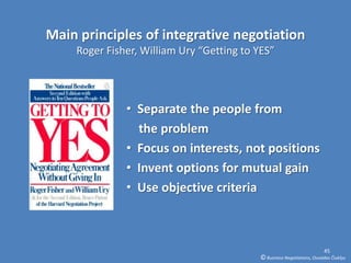 Main principles of integrative negotiation
    Roger Fisher, William Ury “Getting to YES”




              • Separate the people from
                the problem
              • Focus on interests, not positions
              • Invent options for mutual gain
              • Use objective criteria



                                                                        45
                                          © Business Negotiations, Osvaldas Čiukšys
 