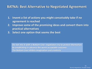 BATNA: Best Alternative to Negotiated Agreement

1. Invent a list of actions you might conceivably take if no
   agreement is reached
2. Improve some of the promising ideas and convert them into
   practical alternatives
3. Select one option that seems the best


   Do not mix it with a Bottom Line: negotiators try to protect themselves
   by establishing in advance the worst acceptable outcome.
   The Bottom Line inhibits imagination and creativity




                                                                                         51
                                                             Business Negotiations, Osvaldas Čiukšys
 