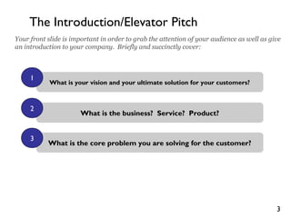 3
What is your vision and your ultimate solution for your customers?
The Introduction/Elevator Pitch
What is the business? Service? Product?
What is the core problem you are solving for the customer?
1
2
3
Your front slide is important in order to grab the attention of your audience as well as give
an introduction to your company. Briefly and succinctly cover:
 