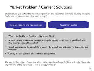 5
• What is the Big Market Problem or Big Unmet Need?
• Are the current marketplace solutions solving the existing unmet need or problems? Are
they causing additional headaches?
• Clearly demonstrate the pain of the problem – how much pain and money is this costing the
customer?
• Convey the strong desire or need that is being unfilled.
This is where you define the customer’s problem and show that there are existing solutions
in the marketplace that are just not cutting it .
The market has either changed or the existing solutions do not fulfill or solve the big needs
or problems of the customers – this is the opportunity
Customer quotesIndustry reports and news articles
Market Problem / Current Solutions
 