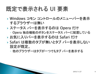  Windows コモン コントロールのメニューバーを表示
するブラウザーは無い
 ステータス バーを表示するのは Opera だけ
◦ Opera 独自機能のボタンをステータス バーに配置している
 お気に入りバーを表示するのは Safari だけ
 Safari は複数のタブが無いとタブ バーを表示しない
設定が既定。
◦ 他のブラウザーはタブが一つでもタブ バーを表示する
2010/11/27 4
 