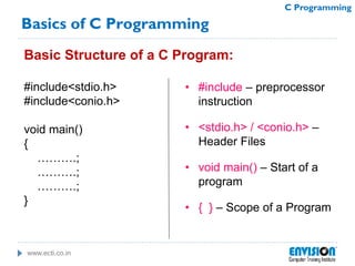 www.ecti.co.in
C Programming
Basics of C Programming
Basic Structure of a C Program:
#include<stdio.h>
#include<conio.h>
void main()
{
……….;
……….;
……….;
}
• #include – preprocessor
instruction
• <stdio.h> / <conio.h> –
Header Files
• void main() – Start of a
program
• { } – Scope of a Program
 