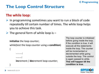 www.ecti.co.in
C Programming
The Loop Control Structure
The while loop:
 In programming sometimes you want to run a block of code
repeatedly till certain number of times. The while loop helps
you to achieve this task.
 The general form of while loop is –
initialize the loop counter;
while(test the loop counter using a condition)
{
.........;
………;
increment / decrement loop counter;
}
The loop counter is initialized
before going inside the loop.
If the condition is true, it will
execute all the statements
inside the loop. The counter
will be incremented or
decremented while going
outside the loop. The control
is again passed to while.
This will happen till the
condition is true.
 