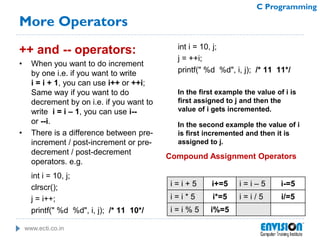 www.ecti.co.in
C Programming
More Operators
++ and -- operators:
• When you want to do increment
by one i.e. if you want to write
i = i + 1, you can use i++ or ++i;
Same way if you want to do
decrement by on i.e. if you want to
write i = i – 1, you can use i--
or --i.
• There is a difference between pre-
increment / post-increment or pre-
decrement / post-decrement
operators. e.g.
int i = 10, j;
clrscr();
j = i++;
printf(" %d %d", i, j); /* 11 10*/
int i = 10, j;
j = ++i;
printf(" %d %d", i, j); /* 11 11*/
In the first example the value of i is
first assigned to j and then the
value of i gets incremented.
In the second example the value of i
is first incremented and then it is
assigned to j.
Compound Assignment Operators
i = i + 5 i+=5 i = i – 5 i-=5
i = i * 5 i*=5 i = i / 5 i/=5
i = i % 5 i%=5
 