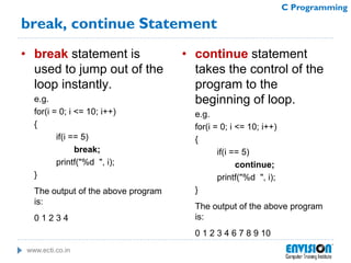 www.ecti.co.in
C Programming
break, continue Statement
• break statement is
used to jump out of the
loop instantly.
e.g.
for(i = 0; i <= 10; i++)
{
if(i == 5)
break;
printf("%d ", i);
}
The output of the above program
is:
0 1 2 3 4
• continue statement
takes the control of the
program to the
beginning of loop.
e.g.
for(i = 0; i <= 10; i++)
{
if(i == 5)
continue;
printf("%d ", i);
}
The output of the above program
is:
0 1 2 3 4 6 7 8 9 10
 