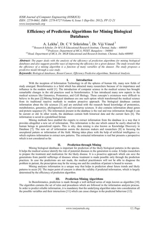 IOSR Journal of Computer Engineering (IOSRJCE)
ISSN: 2278-0661, ISBN: 2278-8727 Volume 6, Issue 1 (Sep-Oct. 2012), PP 12-21
www.iosrjournals.org
www.iosrjournals.org 12 | Page
Efficiency of Prediction Algorithms for Mining Biological
Databases
A. Lekha1
, Dr. C V Srikrishna 2
, Dr. Viji Vinod 3
(1)
Research Scholar, Dr M G R Educational Research Institute, Chennai, India – 600095
(2)
Professor, Department of MCA, PESIT, Bangalore – 560085
(3)
Head, Department of MCA, Dr. MGR Educational and Research Institute, Chennai, India-600095
Abstract: The paper deals with the analysis of the efficiency of prediction algorithms for mining biological
databases and also suggests possible ways of improving the efficiency for a given dataset. The study reveals that
the efficiency of a mining algorithm is a function of many variables of the dataset. The study proposes a
predictive model through a case study.
Keywords: Biological databases, Breast Cancer, Efficiency Predictive algorithms, Statistical Analysis.
I. Introduction
With the inception of Information Technology in all the spheres of human life, many new fields of
study emerged. Bioinformatics is a field which has attracted many researchers because of its importance and
influence in the modern world [1]. The introduction of computer science in the medical science has brought
remarkable changes in the old practices used in bioinformatics. It has introduced many new aspects in the
medical sciences like Genomics, Proteomics, and Cell Biology. These concepts‟s existences were difficult to
believe in the past [2].Mining biological databases are one such option which transformed the medical science
from its traditional reactive methods to modern proactive approach. The biological databases contain
information about the life sciences [3] and are enriched with the research based knowledge of proteomics,
metabolomics, genomics, phylogenetics [4] and microarray sciences. It also contains information about genes
and protein sequence [5]. The information present in the database is the real and true information though it can
be current or old. In other words, the databases contain both historical data and the current facts [6]. The
information is saved in a predefined format.
Mining methods have enabled the experts to extract information from the database in a way that it
provides altogether a new set of information. This information is the one which cannot be easily observed by
human beings in generalized reports. This is why, data mining is also known as Knowledge Discovery in
Database [7]. The new set of information assists the decision makers and researchers [8] in focusing the
unexplored pattern or information of the field. Mining takes place with the help of artificial intelligence i.e.
which explores information to extract new patterns. The extracted information is real but presents a perspective
which is not considered so far.
II. Prediction through Mining
Mining biological databases is important for prediction of the likely biological patterns in the species.
It helps the medical science identify the risk of potential diseases in the generation to come. It helps researchers
to prepare the treatment and medication for the likely disease. It is a proactive approach which can save the
generations from painful sufferings of diseases whose treatment is made possible only through the prediction
practices. In case the predictions are not made, the medical practitioners will not be able to diagnose the
problem in patient, the prescription may be the wrong one and the condition of patient is bound to worsen.
Mining analyses information in a unique way that helps in prediction about future trends and likely
patterns to occur [9]. The major point of concern is about the validity if predicted information, which is largely
determined by the efficiency of prediction algorithm.
III. Prediction Mining Algorithms
In Bioinformatics, prediction is made through a well defined series of steps known as algorithm [10].
The algorithm contains the set of rules and procedures which are followed in the information analysis process.
In order to predict reliable information, it is mandatory that the underlying algorithm takes into consideration all
the possible variables and their interactions [11] which can cause changes in the predicted behaviour [12].
 