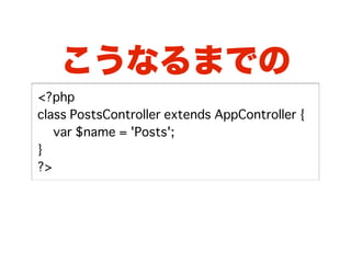 こうなるまでの
<?php
class PostsController extends AppController {
� var $name = 'Posts';
}
?>
 