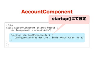 AccountComponent
                                    startup()にて設定
<?php
class AccountComponent extends Object {
   var $components = array('Auth');

     function startup(&$controller) {
        Configure::write('User.id', $this->Auth->user('id'));
     }
}
?>
 