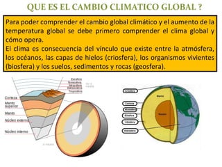 Para poder comprender el cambio global climático y el aumento de la
temperatura global se debe primero comprender el clima global y
cómo opera.
El clima es consecuencia del vínculo que existe entre la atmósfera,
los océanos, las capas de hielos (criosfera), los organismos vivientes
(biosfera) y los suelos, sedimentos y rocas (geosfera).
QUE ES EL CAMBIO CLIMATICO GLOBAL ?
 