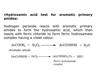 •Hydroxamic acid test for aromatic primary
amides:
Hydrogen peroxide reacts with aromatic primary
amides to form the hydroxamic acid, which then
reacts with ferric chloride to form ferric hydroxamate
complex having a violet colour.
 