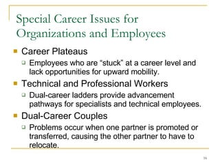 Special Career Issues for  Organizations and Employees Career Plateaus Employees who are “stuck” at a career level and lack opportunities for upward mobility. Technical and Professional Workers Dual-career ladders provide advancement pathways for specialists and technical employees. Dual-Career Couples Problems occur when one partner is promoted or transferred, causing the other partner to have to relocate. 