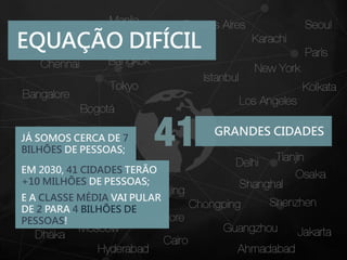 EQUAÇÃO DIFÍCIL
Já somos cerca de 7
bilhões de pessoas;
Em 2030 41 cidades
terão +10 milhões
de pessoas;
GRANDES CIDADES
E a classe média vai pular de 2
para 4 bilhões de pessoas!
 