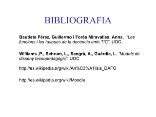 BIBLIOGRAFIA Bautista Pérez, Guillermo i Forés Miravalles, Anna .  “Les funcions i les tasques de la docència amb TIC”.  UOC. Williams ,P., Schrum, L., Sangrà, A., Guàrdia, L.   “Models de disseny tecnopedagògic”.  UOC http://es.wikipedia.org/wiki/An%C3%A1lisis_DAFO http://es.wikipedia.org/wiki/Moodle 