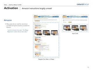 ROKU - DIGITAL MEDIA PLAYER


Activation |                    Amazon instructions largely unread




Amazon
   Many users did not read the instructions
   provided during the activation processes for
   Amazon.

     “Just let me enter the code. This ‘Begin
     Registration’ seems like an extra step.”
                                                                                  Input Code




                                                  Register Your Roku in 4 Steps




                                                                                               15
 