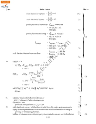 Q.No.

Value Points

Marks

Mole fraction of heptane =

(½)

Mole fraction of octane

(½)

=

partial pressure of heptane p =
= 105.2 K Pa x 0.5
= 52.6 K Pa

(½)

partial pressure of octane p =
= 46.8 K Pa x 0.5
= 23.4 K Pa

(3)

rit
e.
co
m

=

= 52.6 K Pa + 23.4 K Pa
= 86.0 K Pa

mole fraction of octane in vapour phase

=

= 0.272

(a) (i) 0.81 V

du

20.

= 2.96 V

(½)

(ii) yes

22.

(½)

(1)

(c) (i)

21.

(½)

(3)

w

(b) Ecell

(½)

w
w

= 3.17 V

.e

(ii)

(½)

(½)

(a) (i) (x / m) extent of adsorption decreases
(ii) (x / m) extent of adsorption increases
(b) catalyst : iron
promoter : molybdenum / Al2 O3 / K2O
(a) In liquid state entropy is higher than the solid form, this makes ∆rG more negative
(b) By increasing temperature, fraction of activated molecules increase which help in
crossing over the energy barriers.
(c) Pine oil enhances non-wetting property of ore particles and acts as a froth collector.
(142)

1
1
½
½
(1)
(1)
(1)

(3)

(3)

 