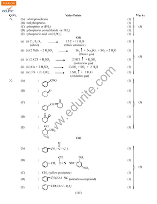 Q.No.
29.

Value Points
(A)
(B)
(C)
(D)
(E)

: white phosphorus
: red phosphorus
: phosphine or (PH3)
: phosphorus pentachloride or (PCl5)
: phosphoric acid or (H3PO4)

(b) (ii) 2 NaBr + 2 H2SO4

Br2 + Na2SO4 + SO2 + 2 H2O
(Brown gas)

(c) (v) 2 KCI + H2SO4

2 HCI
+ K2SO4
(colourless gas)
CuSO4 + SO2 + 2 H2O

rit
e.
co
m

(d) (iii) Cu + 2 H2SO4
(e) (iv) 3 S + 2 H2SO4

:

(C)

:

(D)

:

(E)

:

.e

(B)

du

:

(5)

(1)
(1)
(5)
(1)
(1)
(1)
(1)
(1)

(1)

(5)

(1)

w
w

(A)

3 SO2 + 2 H2O
(colourless gas)

(1)

w

30.

(1)
(1)
(1)
(1)
(1)

OR
12 C + 11 H2O
(black substance)

(a) (i) C12H22O11
(white)

Marks

OR

(A)

:

(1)

(B)

:

(1)
(5)

(C)

:

(D)

:

(E)

CHI3 (yellow precipitate)

(1)

:

(colourless compound)

(1)
(1)

(145)

 