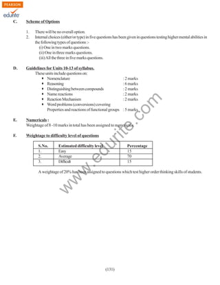 Scheme of Options
1.
2.

D.

There will be no overall option.
Internal choices (either/or type) in five questions has been given in questions testing higher mental abilities in
the following types of questions :(i) One in two marks questions.
(ii) One in three marks questions.
(iii) All the three in five marks questions.

Guidelines for Units 10-13 of syllabus.
These units include questions on:
Nomenclature
Reasoning
Distinguishing between compounds
Name reactions
Reaction Mechanism
Word problems (conversions) covering
Properties and reactions of functional groups

: 2 marks
: 6 marks
: 2 marks
: 2 marks
: 2 marks

rit
e.
co
m

C.

: 5 marks

Numericals :
Weightage of 8 -10 marks in total has been assigned to numericals.

F.

Weightage to difficulty level of questions

.e

Estimated difficulty level
Easy
Average
Difficult

w
w

S.No.
1.
2.
3.

du

E.

Percentage
15
70
15

w

A weightage of 20% has been assigned to questions which test higher order thinking skills of students.

(131)

 