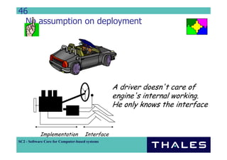 46
  No assumption on deployment




                                                  A driver doesn't care of
                                                  engine's internal working.
                                                  He only knows the interface


            Implementation            Interface
SC2 - Software Core for Computer-based systems