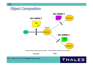 76
  Object Composition
                                                          IDL CORBA 2
                                                                 IDL         Server
                               IDL CORBA 2

                                      IDL

                                                 Object

                      Client                     Server
                                                                 IDL CORBA 2

                                                                       IDL



                                                                             Server




                                   Provides               Uses


SC2 - Software Core for Computer-based systems