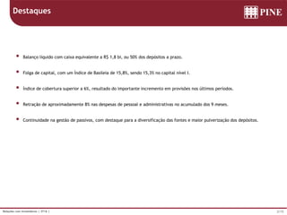 2/15Relações com Investidores | 3T16 |
 Balanço líquido com caixa equivalente a R$ 1,8 bi, ou 50% dos depósitos a prazo.
 Folga de capital, com um Índice de Basileia de 15,8%, sendo 15,3% no capital nível I.
 Índice de cobertura superior a 6%, resultado do importante incremento em provisões nos últimos períodos.
 Retração de aproximadamente 8% nas despesas de pessoal e administrativas no acumulado dos 9 meses.
 Continuidade na gestão de passivos, com destaque para a diversificação das fontes e maior pulverização dos depósitos.
Destaques
 