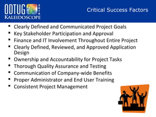 Critical Success Factors











Clearly Defined and Communicated Project Goals
Key Stakeholder Participation and Approval
Finance and IT Involvement Throughout Entire Project
Clearly Defined, Reviewed, and Approved Application
Design
Ownership and Accountability for Project Tasks
Thorough Quality Assurance and Testing
Communication of Company-wide Benefits
Proper Administrator and End User Training
Consistent Project Management

 